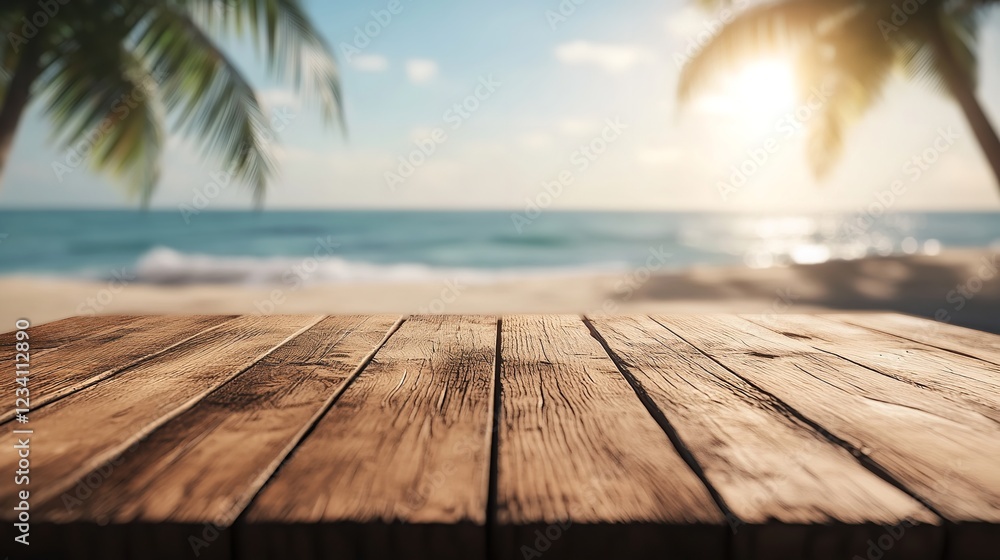 A Tranquil Beach Scene Invites Relaxation, With Warm Sunlight Filtering Through Palm Trees Onto A Weathered Wooden Surface, Creating A Serene Tropical Paradise A Tranquil Beach Scene Invites Relaxation, With Warm Sunlight Filtering Through Palm Trees Onto A Weathered Wooden Surface, Creating A Serene Tropical Paradise
