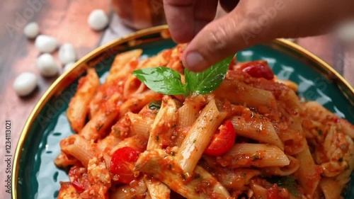 Pasta with sauce in plate, Pasta Serving in plate on table in kitchen room