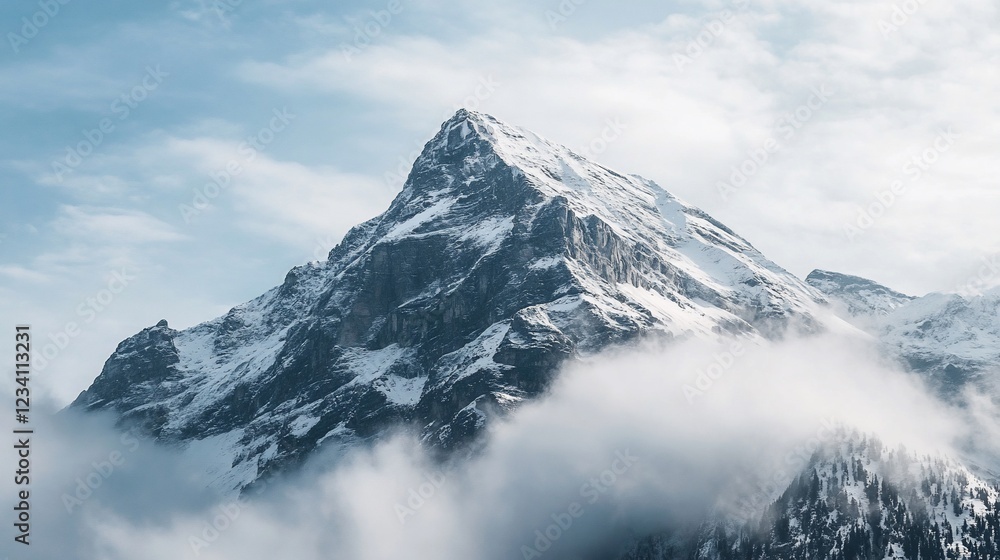 A majestic snow-capped mountain peak rises above the clouds in a serene winter landscape A majestic snow-capped mountain peak rises above the clouds in a serene winter landscape