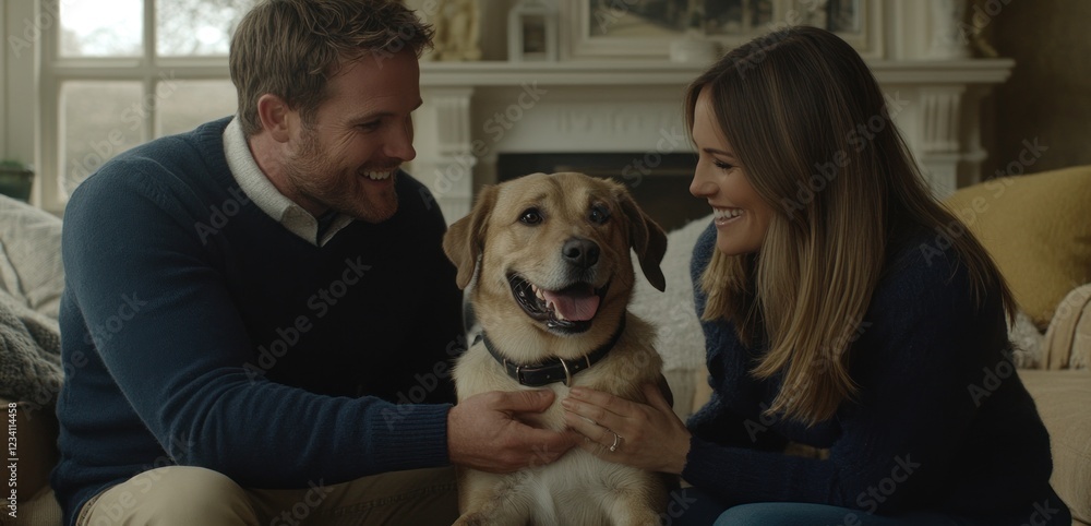 Happy Couple with Their Beloved Dog at Home Happy Couple with Their Beloved Dog at Home