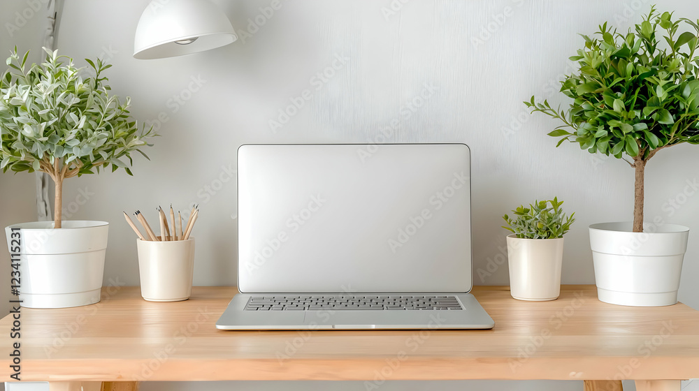 Fototapeta premium Laptop workspace with plants, desk, home office