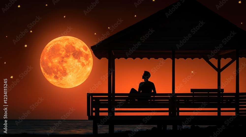 Fototapeta premium Silhouette of Person Relaxing on Gazebo Overlooking Full Moon and Starry Night Sky