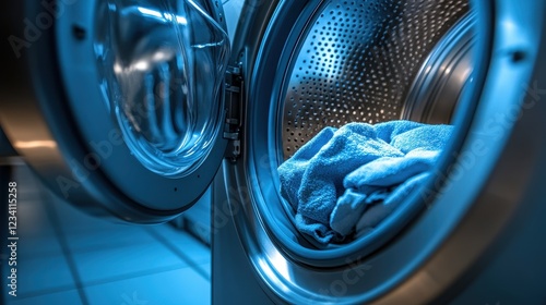 Close-Up of a Washing Machine Door with a Towel Inside photo