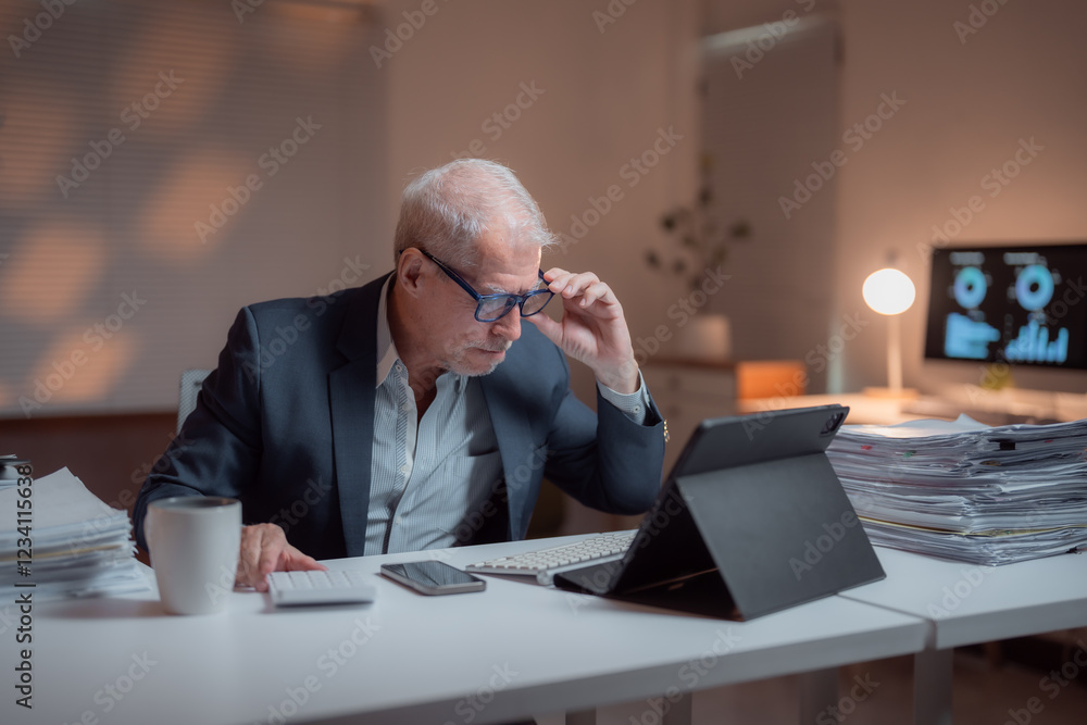 Senior businessman adjusting his glasses and working late at night in office using digital tablet with stacks of paperwork and computer showing graphs on the desk Senior businessman adjusting his glasses and working late at night in office using digital tablet with stacks of paperwork and computer showing graphs on the desk