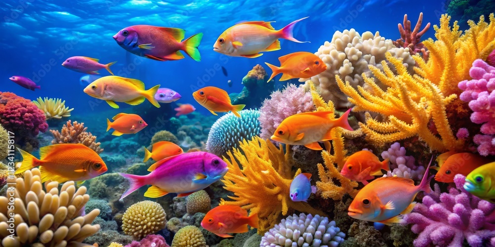 Fototapeta premium Colorful Coral Reef Underwater Scene with Vibrant Fish Species