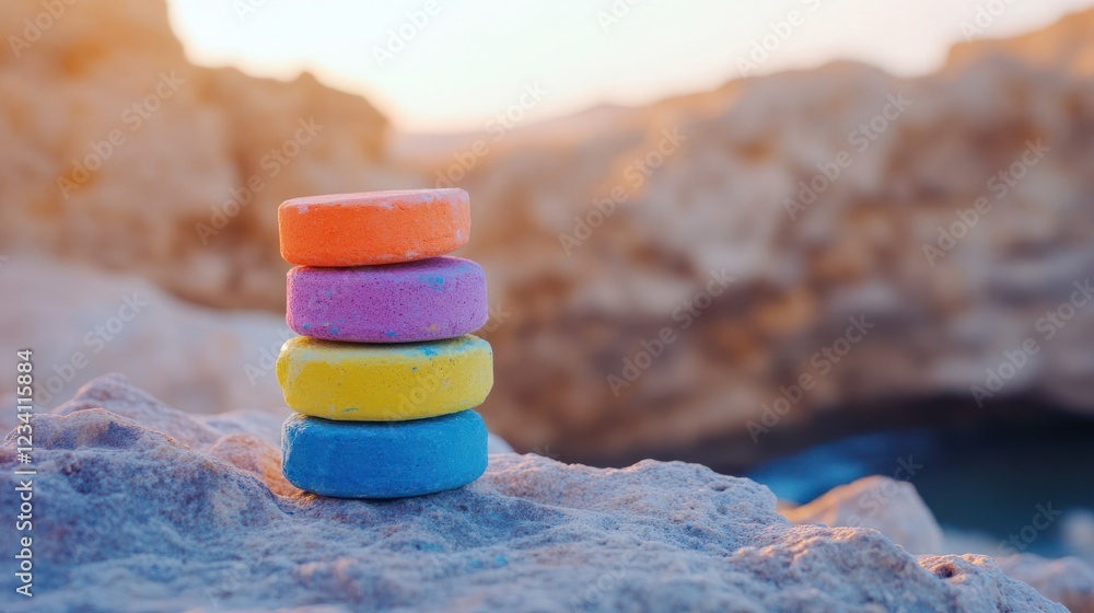 Colorful Bath Bombs Stacked on Rocks near Ocean at Sunset Colorful Bath Bombs Stacked on Rocks near Ocean at Sunset