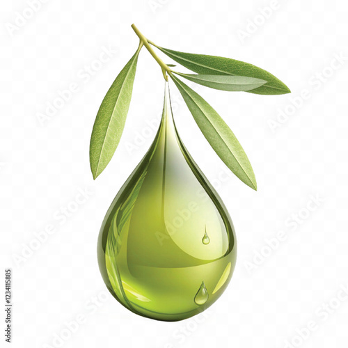 abstract 3d fresh olive oil drop with olive fruit and leaf Isolated on white background.	
