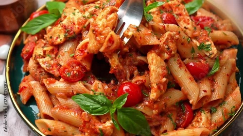 Pasta in plate with sauce Close view, Pasta Serving in plate on table in kitchen room