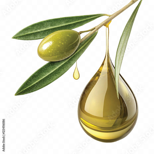 abstract 3d fresh olive oil drop with olive fruit and leaf Isolated on white background.	
