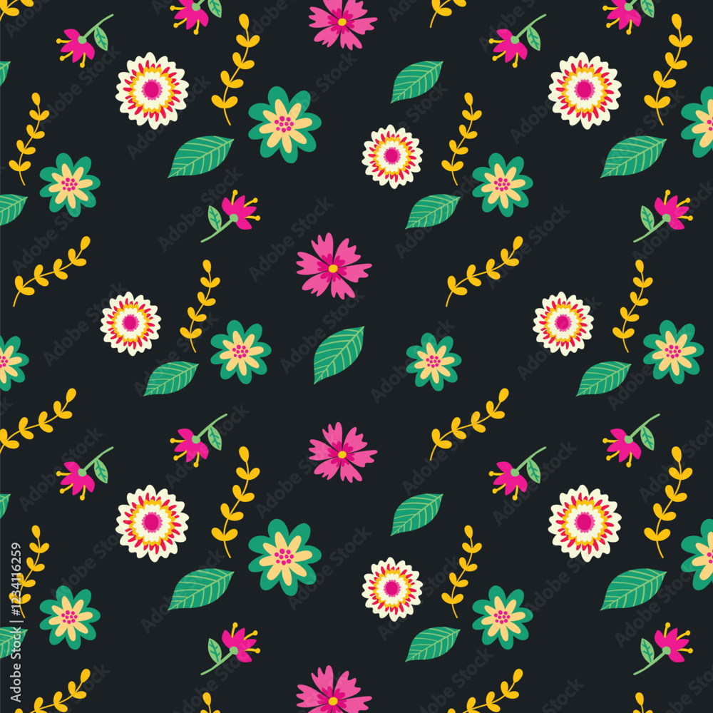 Fototapeta premium Seamless pattern with flowers and leaves on black background. Vector illustration.