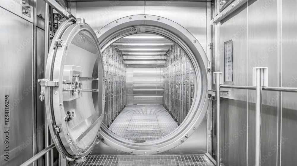 Open circular vault door revealing a long, sterile corridor with metallic walls and equipment. Open circular vault door revealing a long, sterile corridor with metallic walls and equipment.