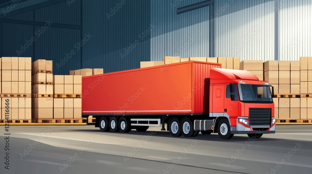 Red Truck Delivering Cargo at a Warehouse: Logistics and Transportation Red Truck Delivering Cargo at a Warehouse: Logistics and Transportation