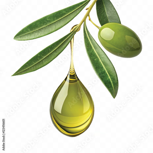 abstract 3d fresh olive oil drop with olive fruit and leaf Isolated on white background.	
