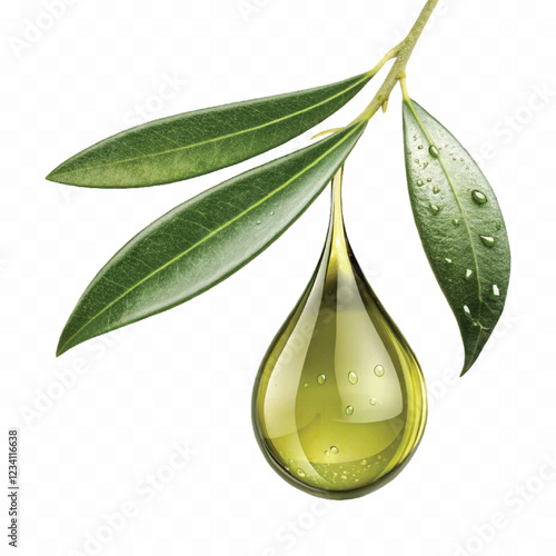 abstract 3d fresh olive oil drop with olive fruit and leaf Isolated on white background.	
