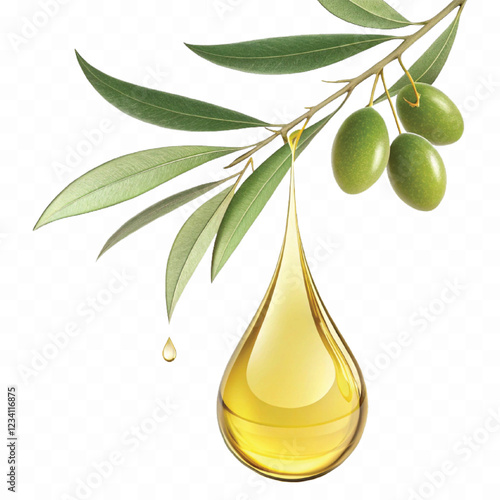 abstract 3d fresh olive oil drop with olive fruit and leaf Isolated on white background.	
