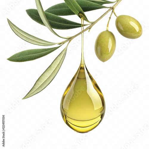abstract 3d fresh olive oil drop with olive fruit and leaf Isolated on white background.	
