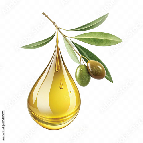 abstract 3d fresh olive oil drop with olive fruit and leaf Isolated on white background.	
