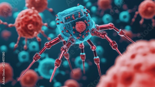 A conceptual illustration of a nano bot attacking harmful viruses, representing futuristic nanotechnology and medical innovation