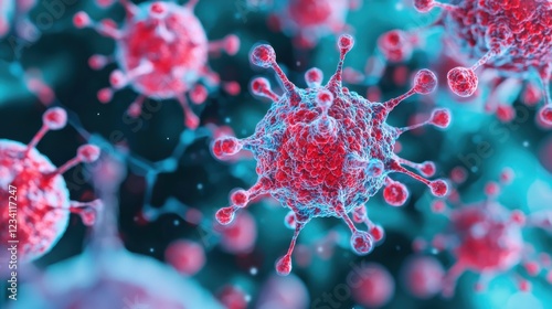 A highly detailed and digitally enhanced image of a virus under a microscope, representing microbiology and medical research