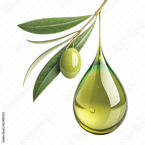 abstract 3d fresh olive oil drop with olive fruit and leaf Isolated on white background.	
