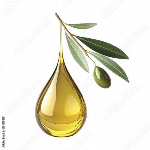 abstract 3d fresh olive oil drop with olive fruit and leaf Isolated on white background.	
