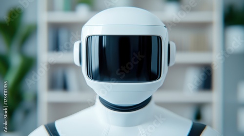 A futuristic humanoid robot with a sleek design and a black visor, representing advancements in AI and robotics
