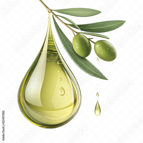 abstract 3d fresh olive oil drop with olive fruit and leaf Isolated on white background.	
