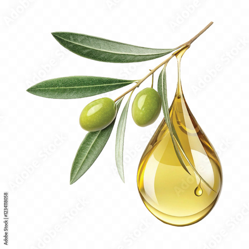 abstract 3d fresh olive oil drop with olive fruit and leaf Isolated on white background.	
