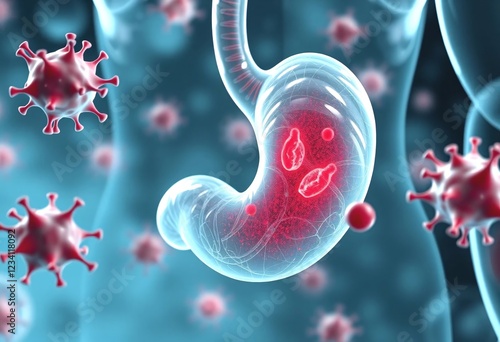 Stomach Infection with Parasites and Viruses. Medical illustration showcasing a transparent stomach model with highlighted red parasites alongside various viruses