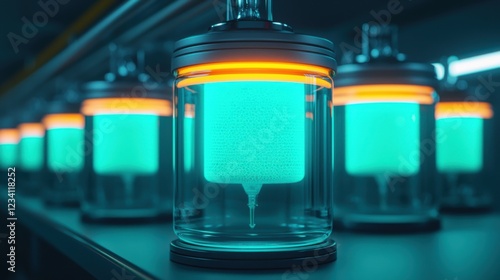 A high-tech laboratory featuring glowing bioreactors with advanced biotechnology processes, symbolizing futuristic medical and pharmaceutical research