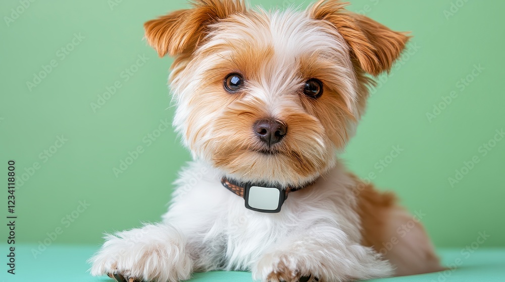Adorable Small Dog with Fluffy Coat on a Green Background Adorable Small Dog with Fluffy Coat on a Green Background
