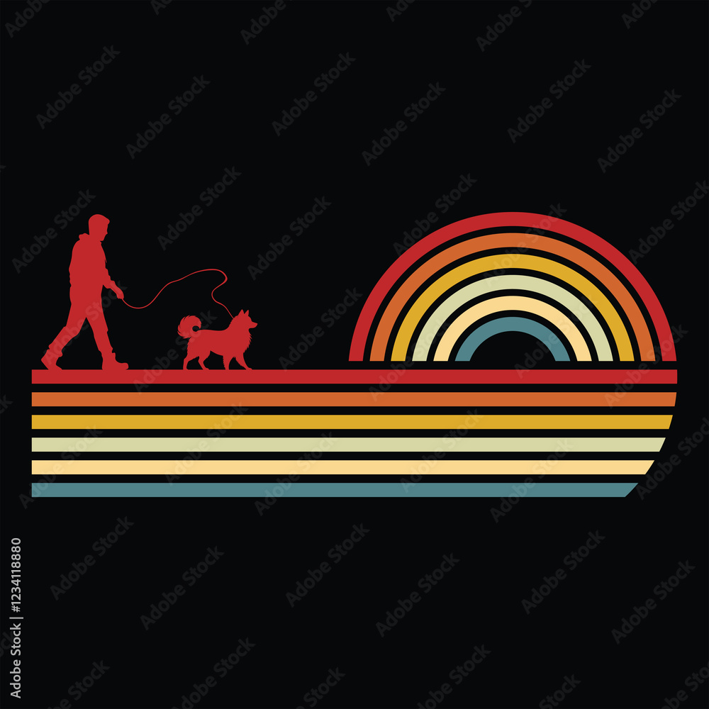 Naklejka premium Vintage Sunset Background Featuring American Eskimo Dog Silhouette 