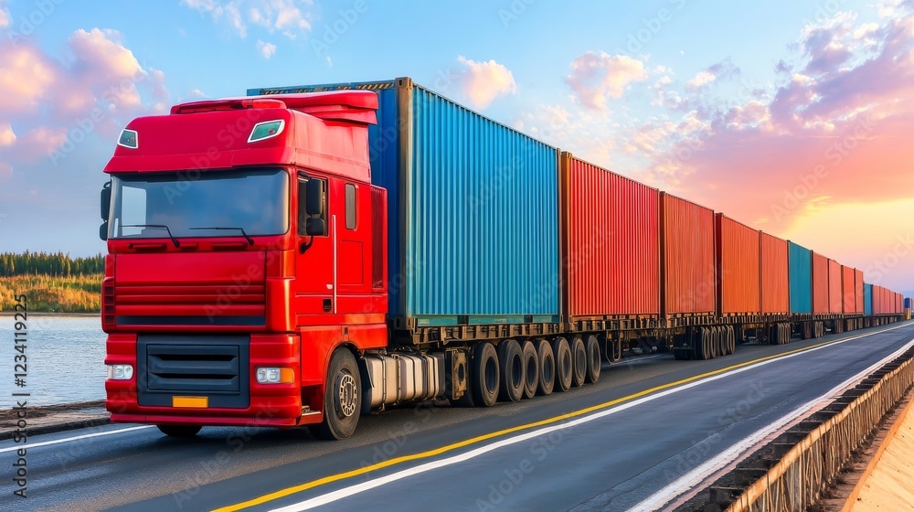 Freight Transportation: A Red Truck Convoy at Sunset Freight Transportation: A Red Truck Convoy at Sunset