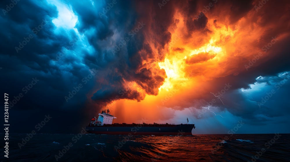 Obraz premium Cargo Ship Sailing Through Fiery Sunset Storm