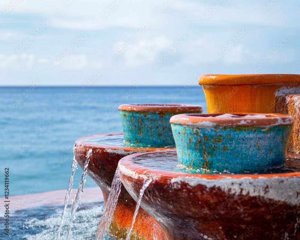 Naklejka premium A colorful water fountain made of clay pots sits at the edge, with a bright blue ocean and scenic landscapes in the background.