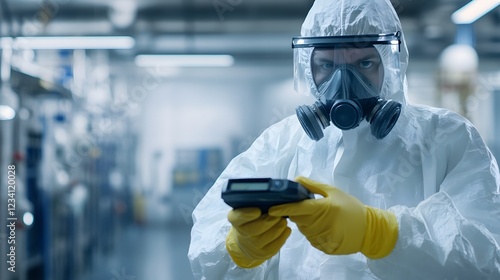 A laboratory technician in a protective suit and mask conducts an experiment with precise instruments, ensuring safety in a controlled environment, reflecting modern scientific pra