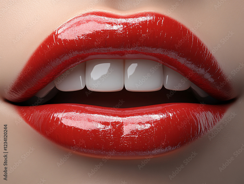 Obraz premium a pair of lips with bright red lipstick and glossy, white teeth. The background is a solid, light color, which contrasts with the vibrant red lips.