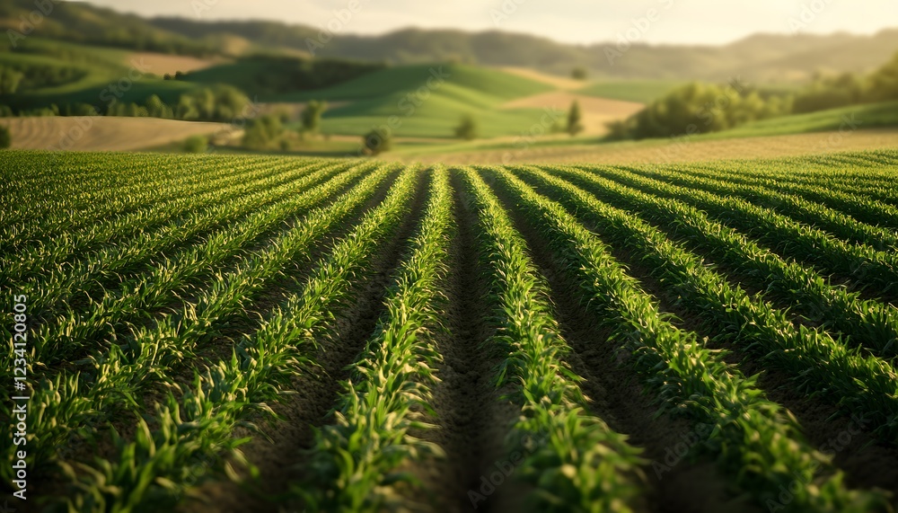 A picturesque view of lush green fields under a golden sunset, showcasing rows of crops thriving in the fertile land A picturesque view of lush green fields under a golden sunset, showcasing rows of crops thriving in the fertile land