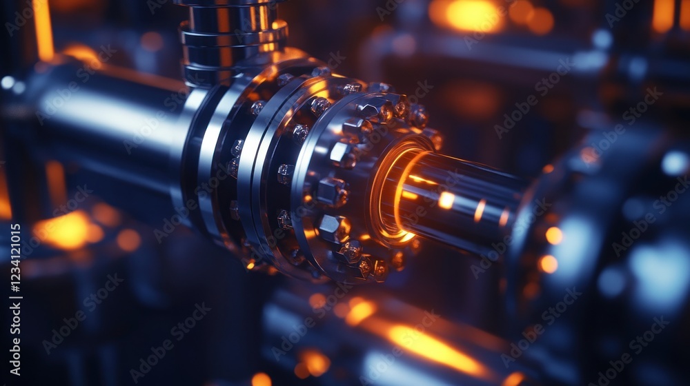 Intricate Industrial Machinery: A Close-Up of Complex Metal Components Glowing with Warm Orange Light Intricate Industrial Machinery: A Close-Up of Complex Metal Components Glowing with Warm Orange Light