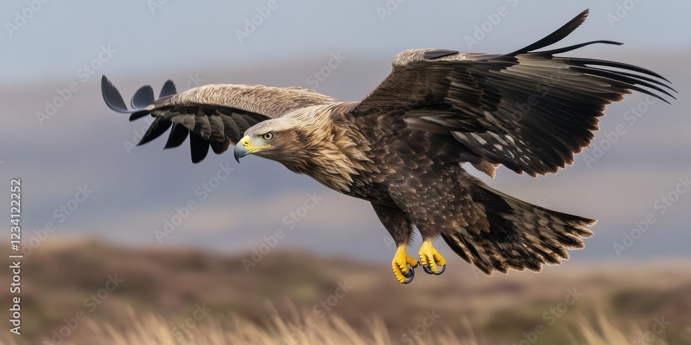 Fototapeta premium Bald Eagle flying. bird of prey against autumn background, Mountain View sky and tree, yellow grass and forest