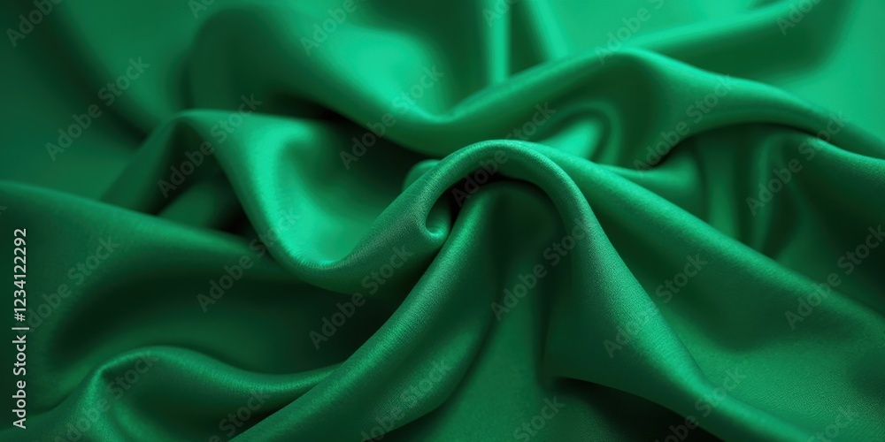Fototapeta premium A vivid green silk fabric, deeply rich in hue, boasts a plush, lustrous surface, inviting touch with its velvety sheen and captivating texture