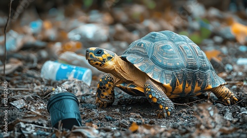 Tortoise Encountering Litter in a Natural Habitat, Environmental Awareness and Wildlife Conservation