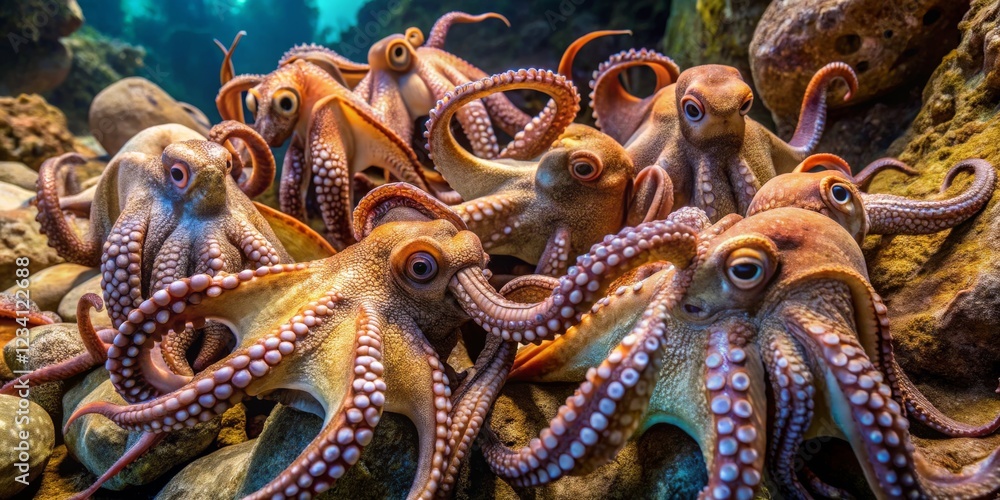 Fototapeta premium Group of Vibrant Octopuses Resting on Rocky Ocean Floor