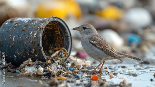 Grey Warbler Near Trash and Garbage Encountering Plastic Waste in Natural Habitat photo