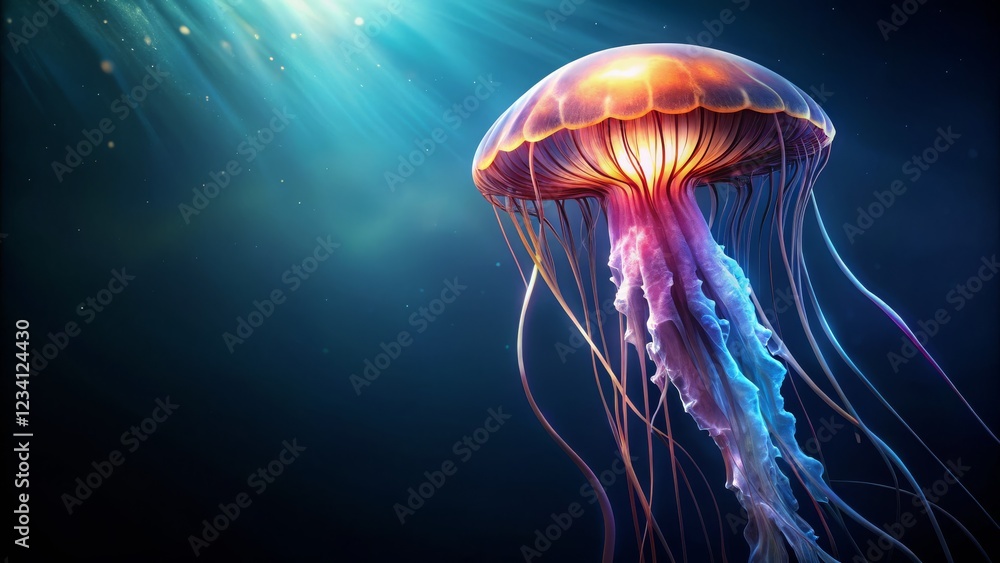 Fototapeta premium Ethereal Jellyfish Gliding Through Deep Blue Ocean Waters