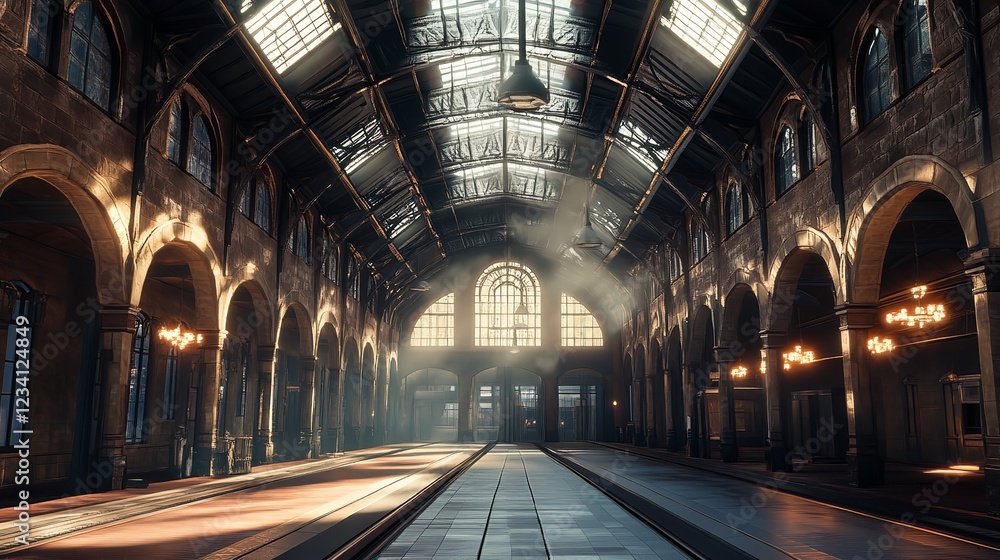 A Sunlit Grand Hall Awaits, A Forgotten Railway Station Bathed In Golden Light, Whispering Tales Of Bygone Eras And Echoing Footsteps Of Travelers Past, With Arched Ceilings And A Hazy Atmosphere A Sunlit Grand Hall Awaits, A Forgotten Railway Station Bathed In Golden Light, Whispering Tales Of Bygone Eras And Echoing Footsteps Of Travelers Past, With Arched Ceilings And A Hazy Atmosphere