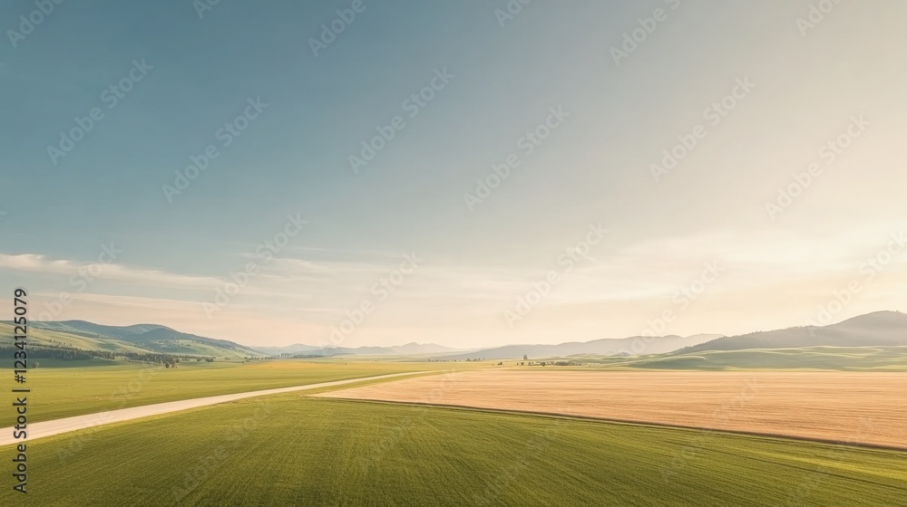 Scenic green field with a winding road passing through the lush landscape under a clear blue sky Scenic green field with a winding road passing through the lush landscape under a clear blue sky