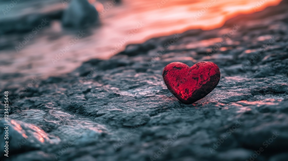 Obraz premium Heart Shaped Stone at Sunset: A Symbol of Love and Nature's Beauty