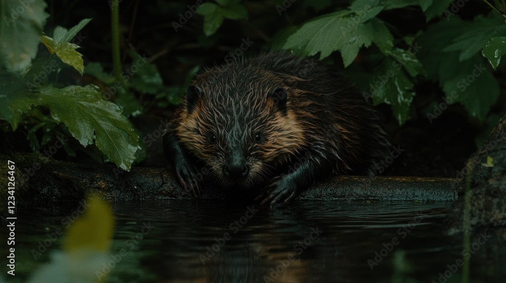 North American Beaver by the lake at Night North American Beaver by the lake at Night