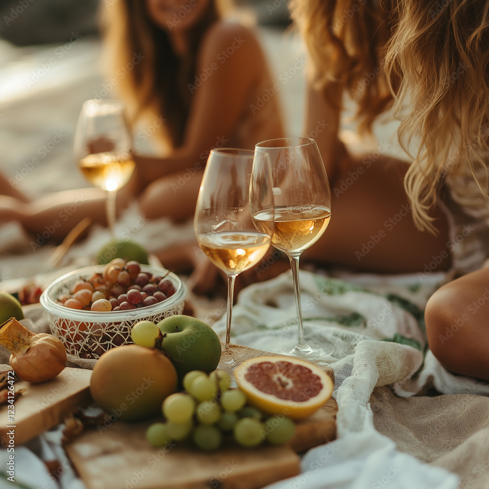 Close-up of friends enjoying wine and fruit on the beach, picnic setting, golden hour lighting, pastel aesthetic, boho vibes, photography, realistic, high resolution, high details, Close-up of friends enjoying wine and fruit on the beach, picnic setting, golden hour lighting, pastel aesthetic, boho vibes, photography, realistic, high resolution, high details,